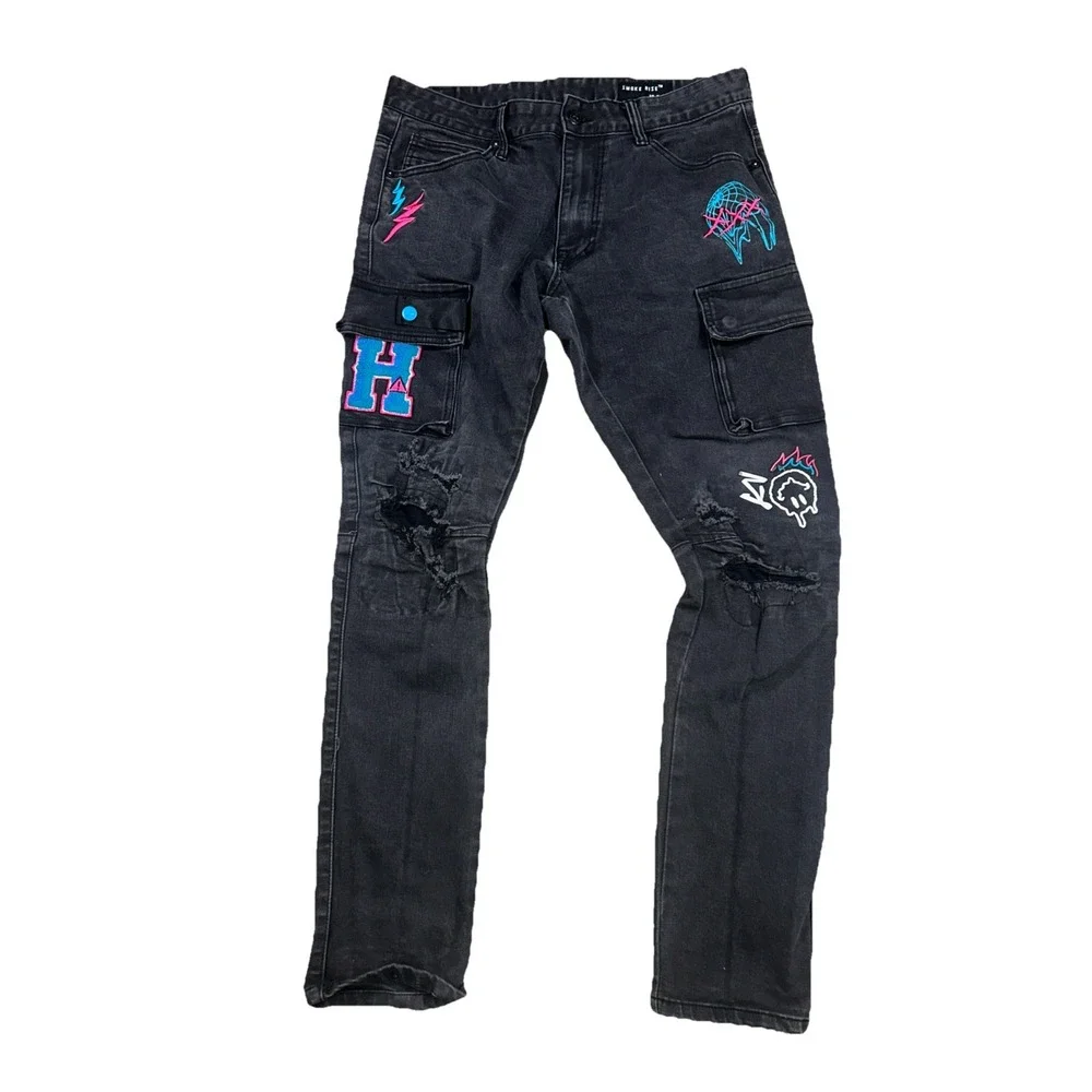 Smoke Rise Mens Distressed Graffiti Cargo Pants 36x34‎ Black Grunge Urban Street